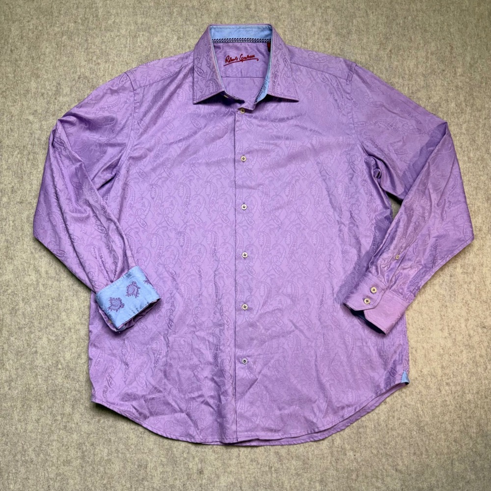 Robert Graham Button Down Shirt Mens Large Purple Paisley Jacquard Luxury Cuff